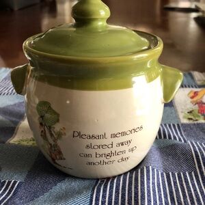 Green and White Holly Hobbie Stoneware Jar with Lid